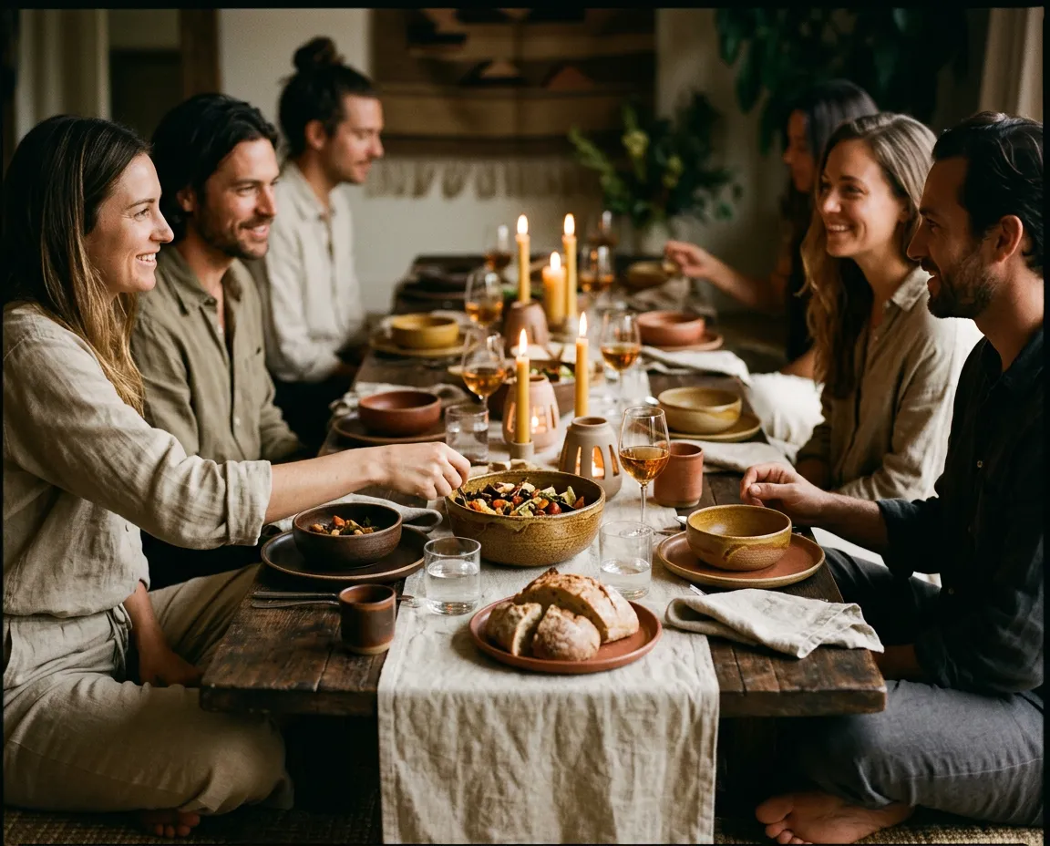 Intimate wellness dinner setting with holistic cuisine, soft lighting, and artisanal earth-toned tableware