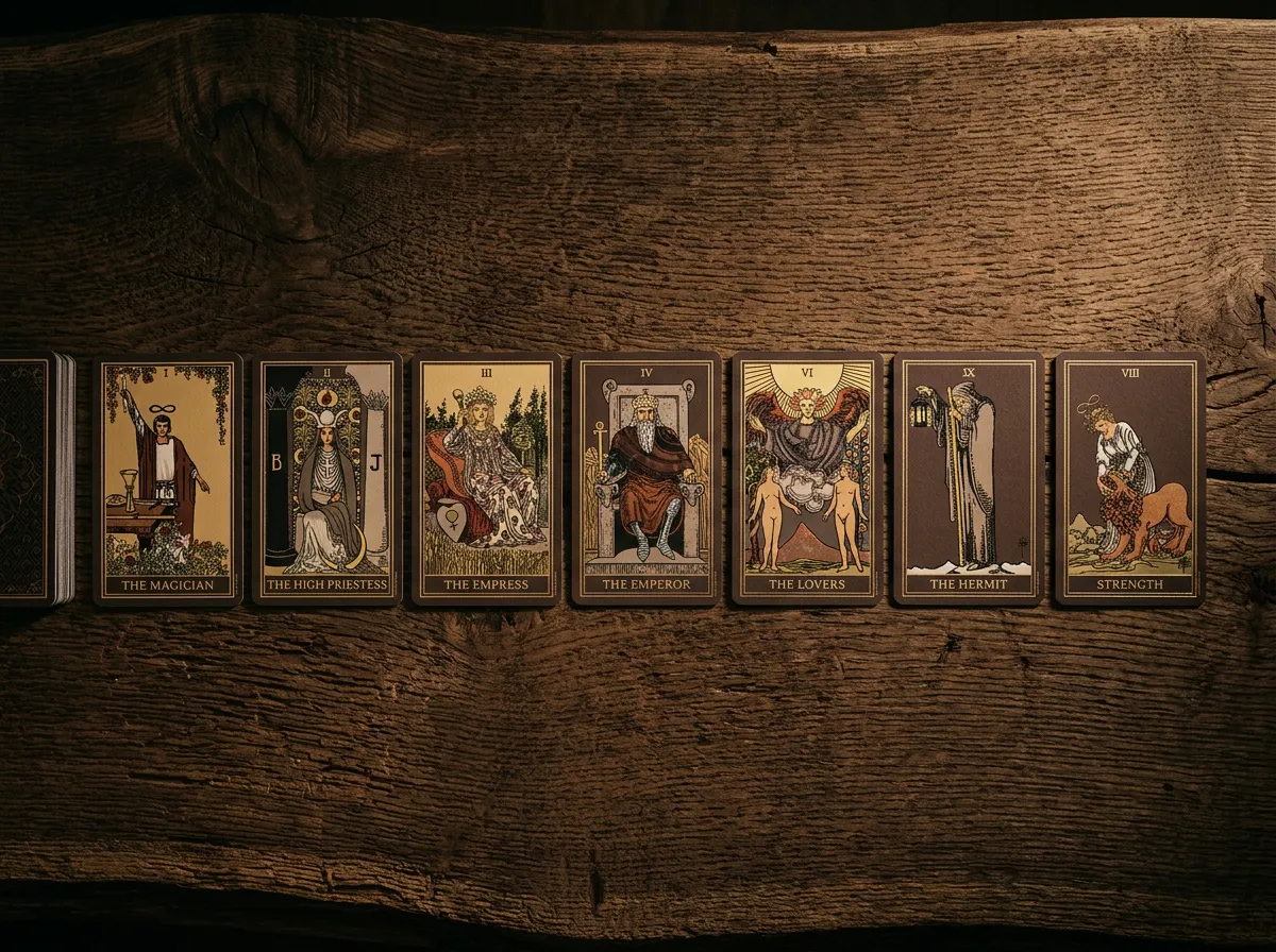 Intuitive Tarot reading spread arranged on textured linen with candle glow