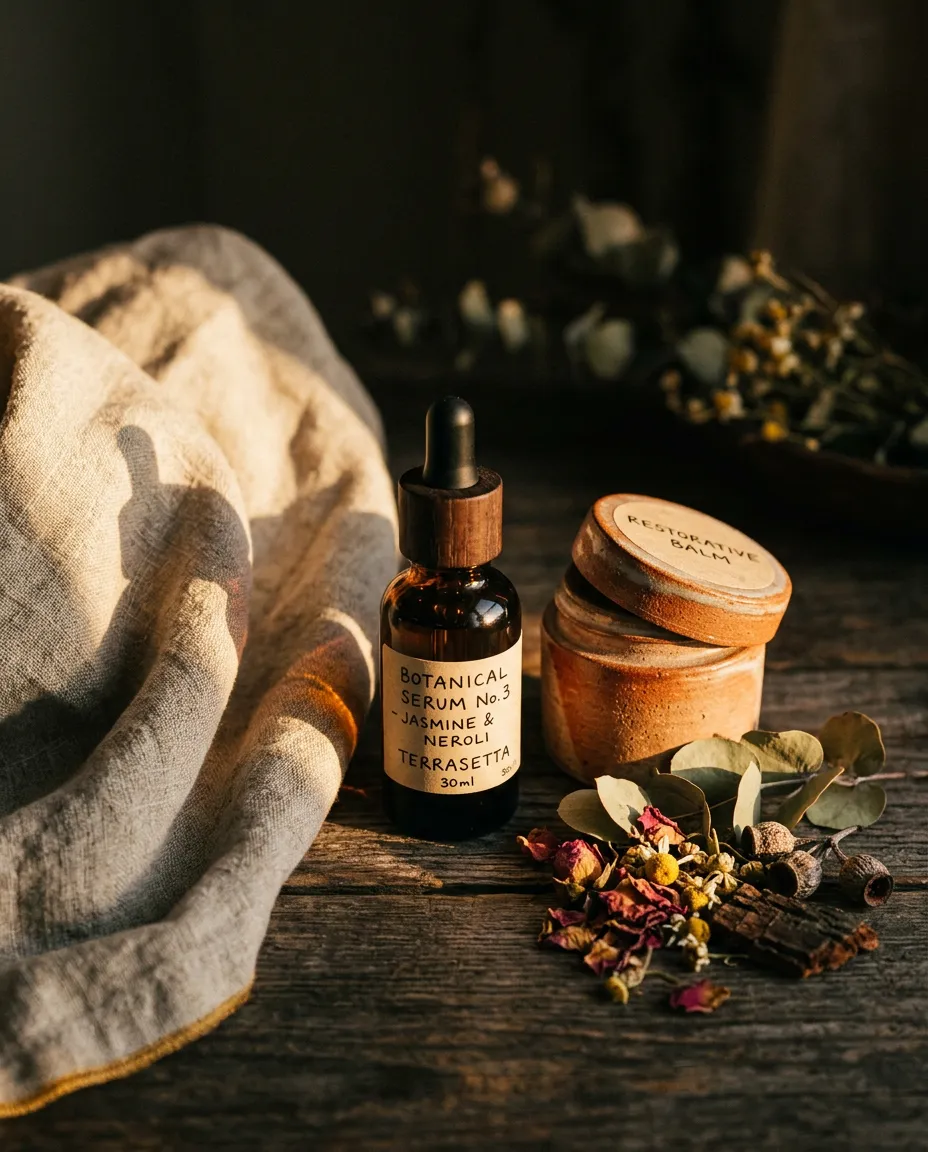 Sun-drenched natural botanical textures and warm organic elements representing Cori Cares philosophy