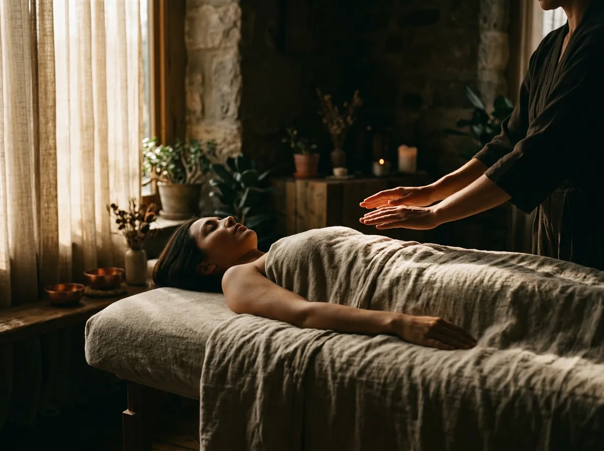 Peaceful Reiki energy healing session with natural warm light