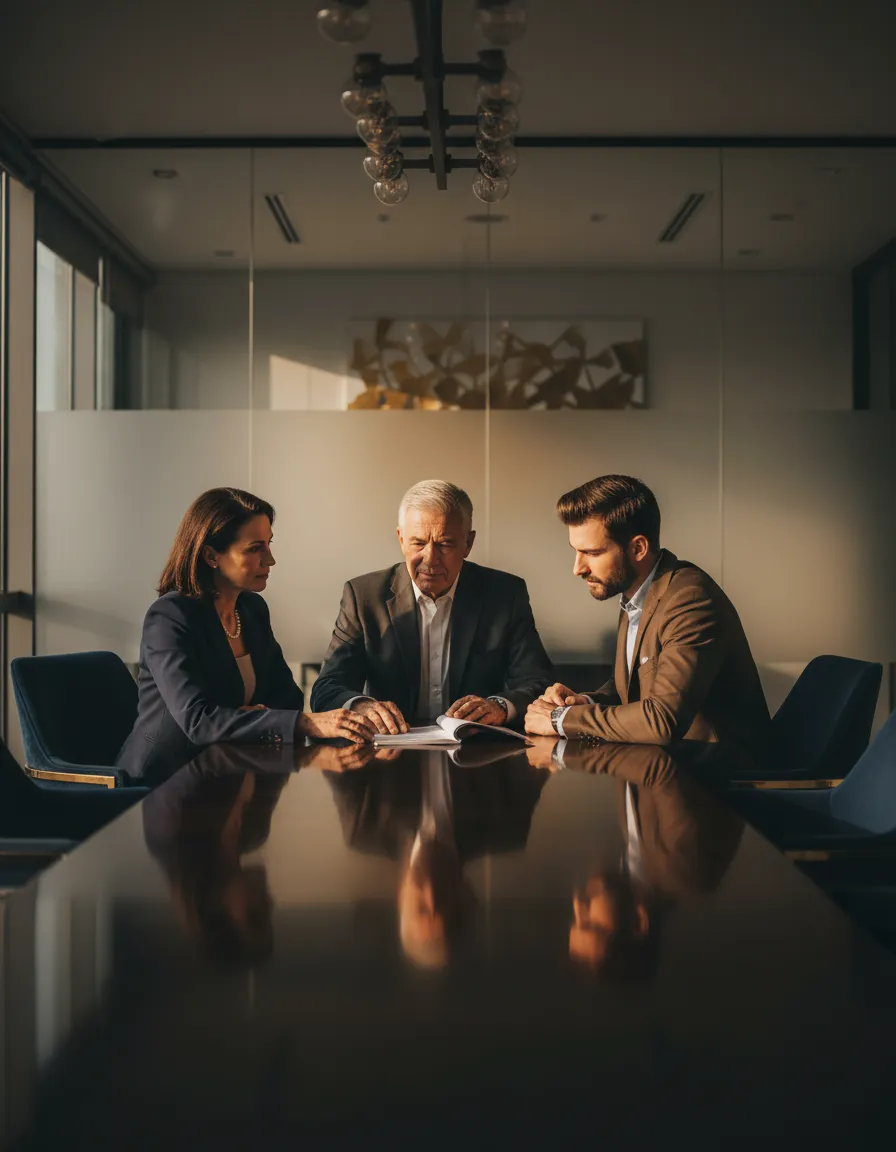 Family business meeting discussing succession planning
