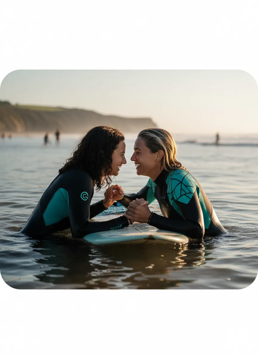 Instructor supporting a woman surfing in the shallows