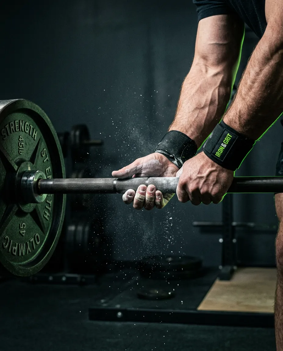 Close-up high-intensity athletic training with chalk and barbell focus