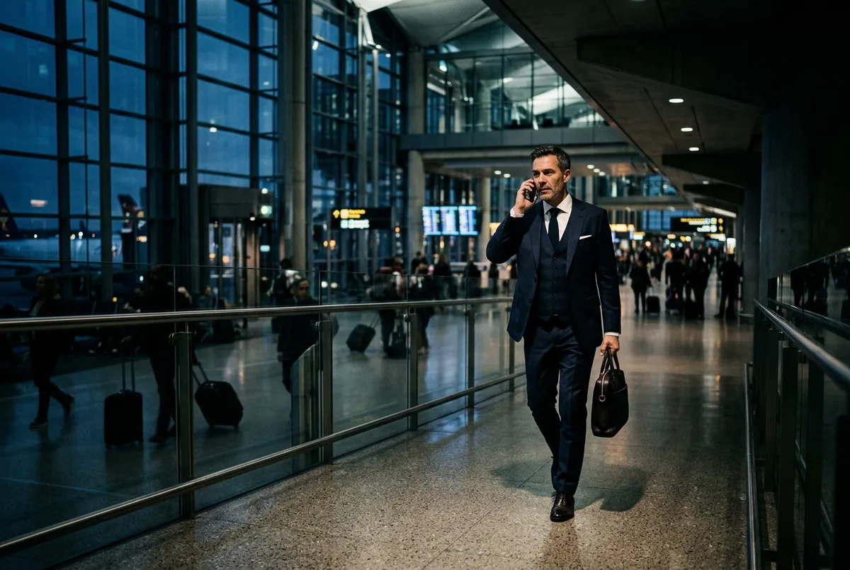 Modern professional using mobile business phone application on laptop and smartphone