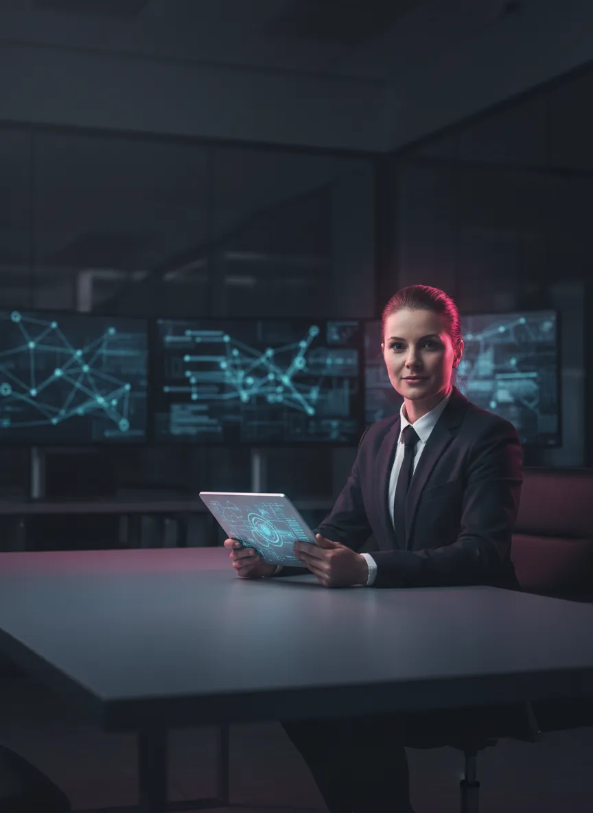 Calm business professional reviewing a digital tablet