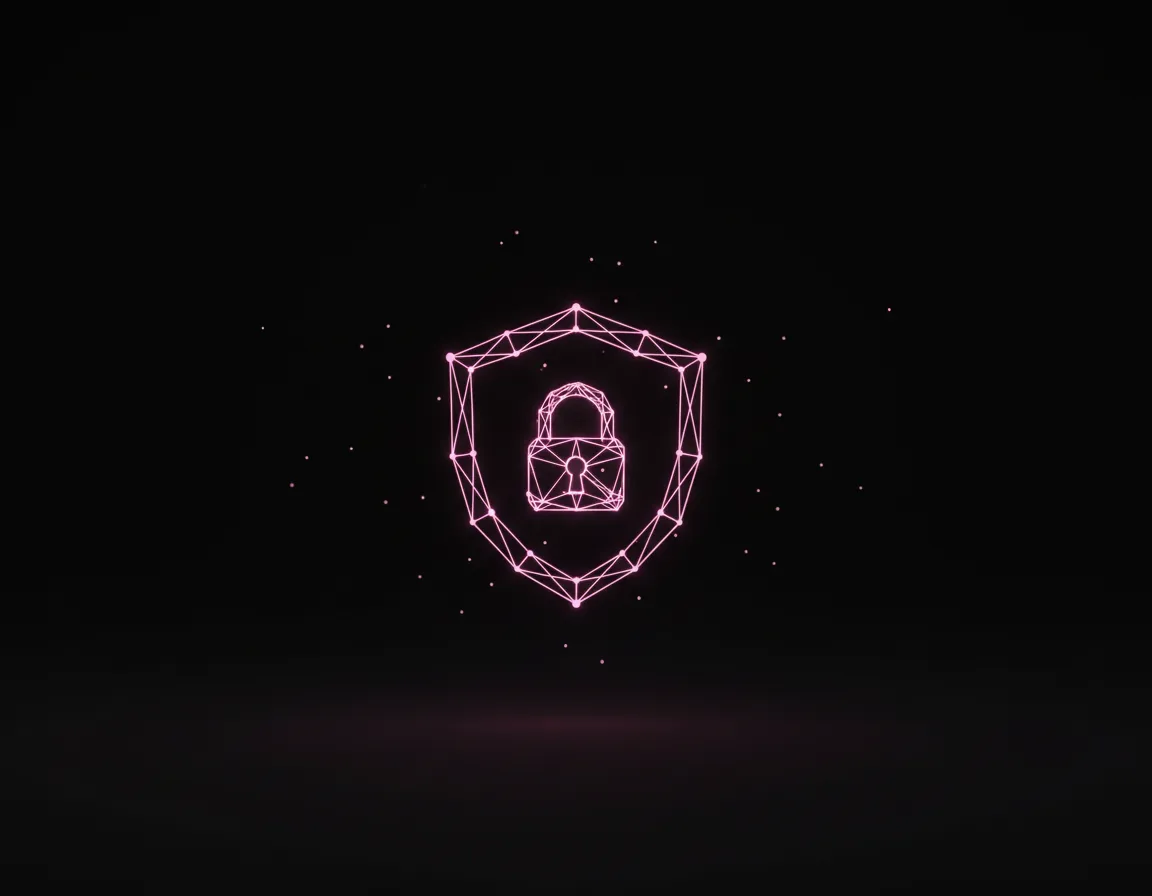 Abstract digital security dashboard showing a protective lock icon on social media platforms in neon pink