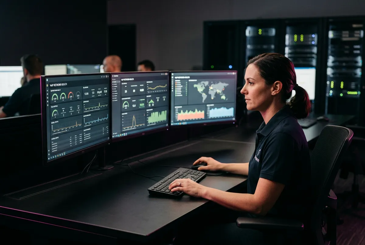 IT technician actively monitoring and managing VoIP telecommunications network