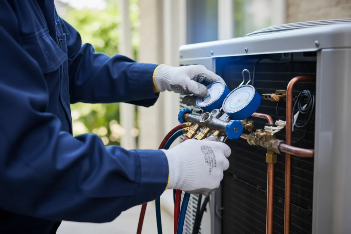 Experienced HVAC technician diagnosing system closely