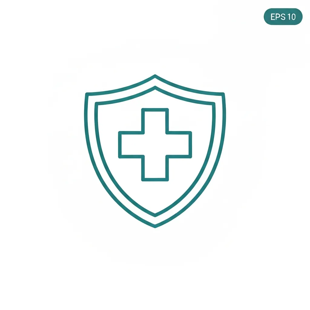 Minimalist teal line-art icon of a shield containing a medical cross.