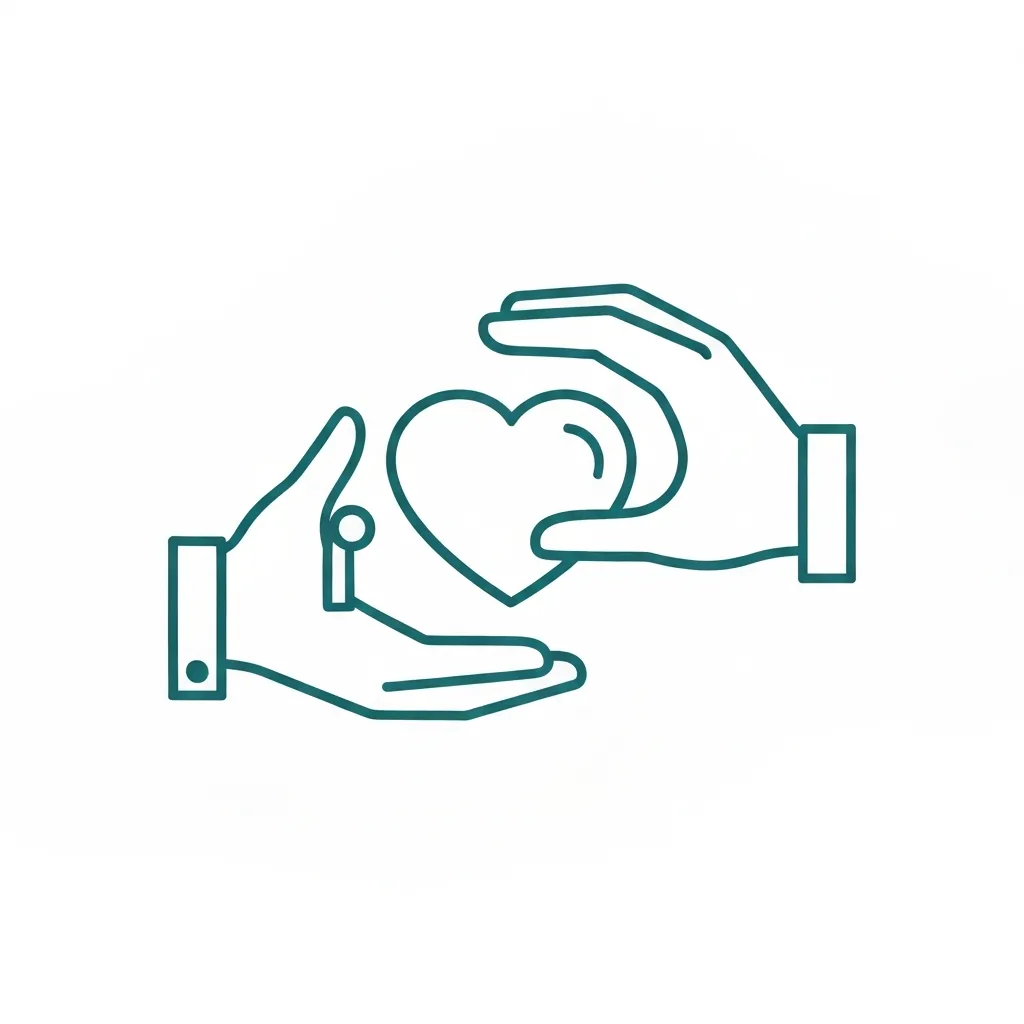 Minimalist teal line-art icon depicting two hands gently holding a heart.
