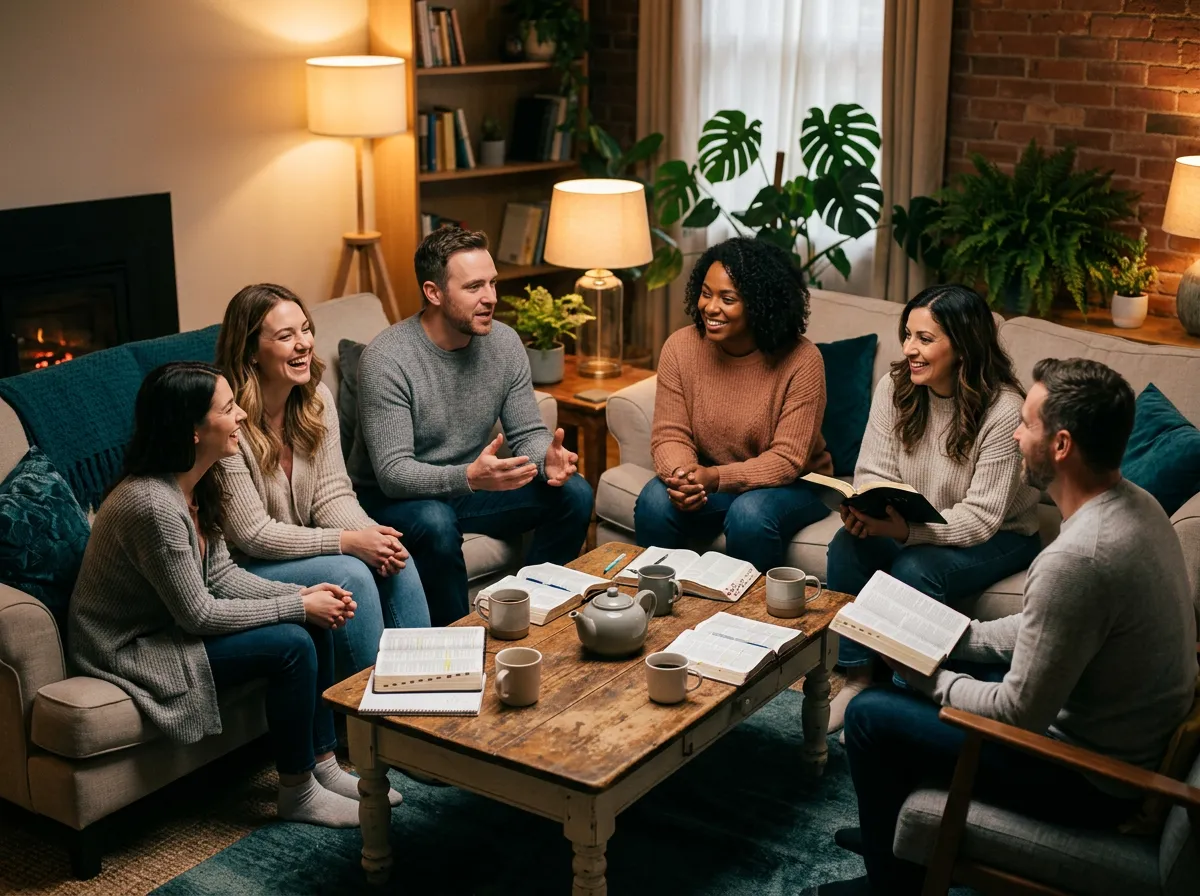Small group gathering in a warm living room with coffee and open Bibles in discussion