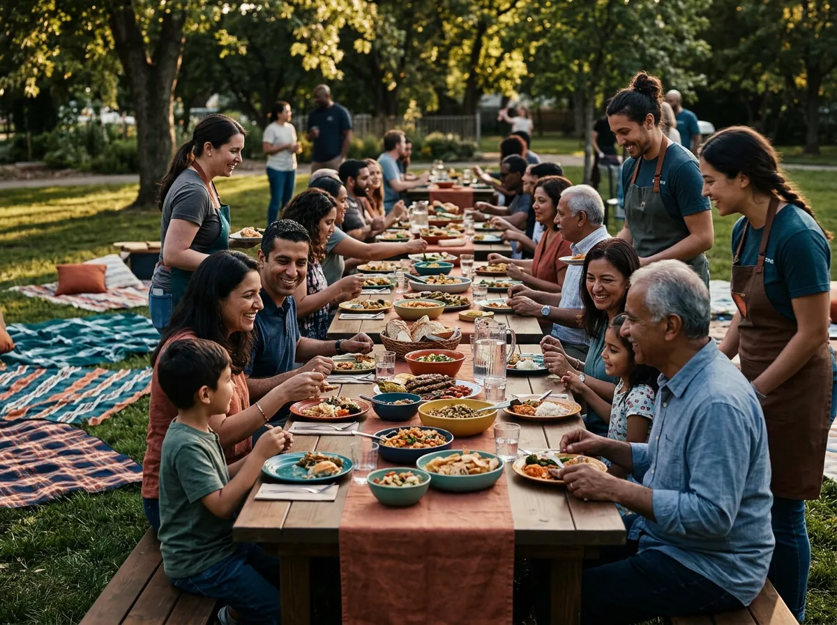 Church congregation sharing a communal meal and laughing around outdoor banquet tables