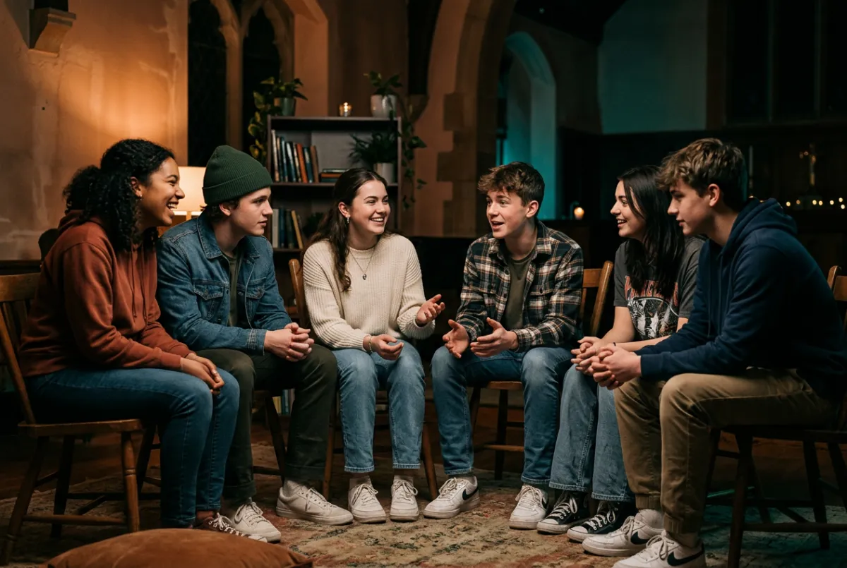 Youth group students smiling and engaged in small group discussion