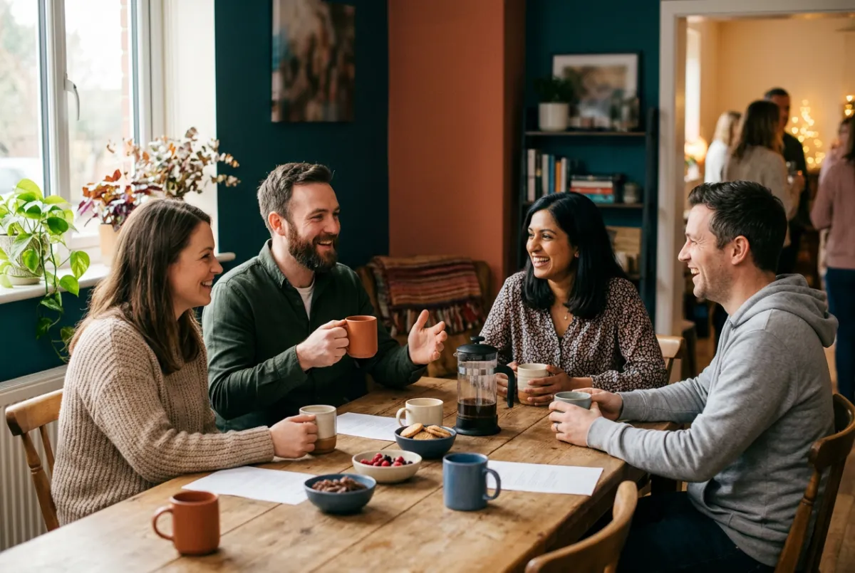 Parents enjoying coffee and warm conversation in family small group fellowship