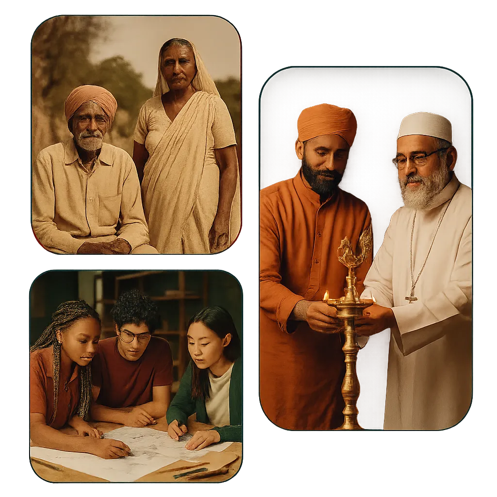 Composite image showing historical roots, modern youth, and interfaith dialogue