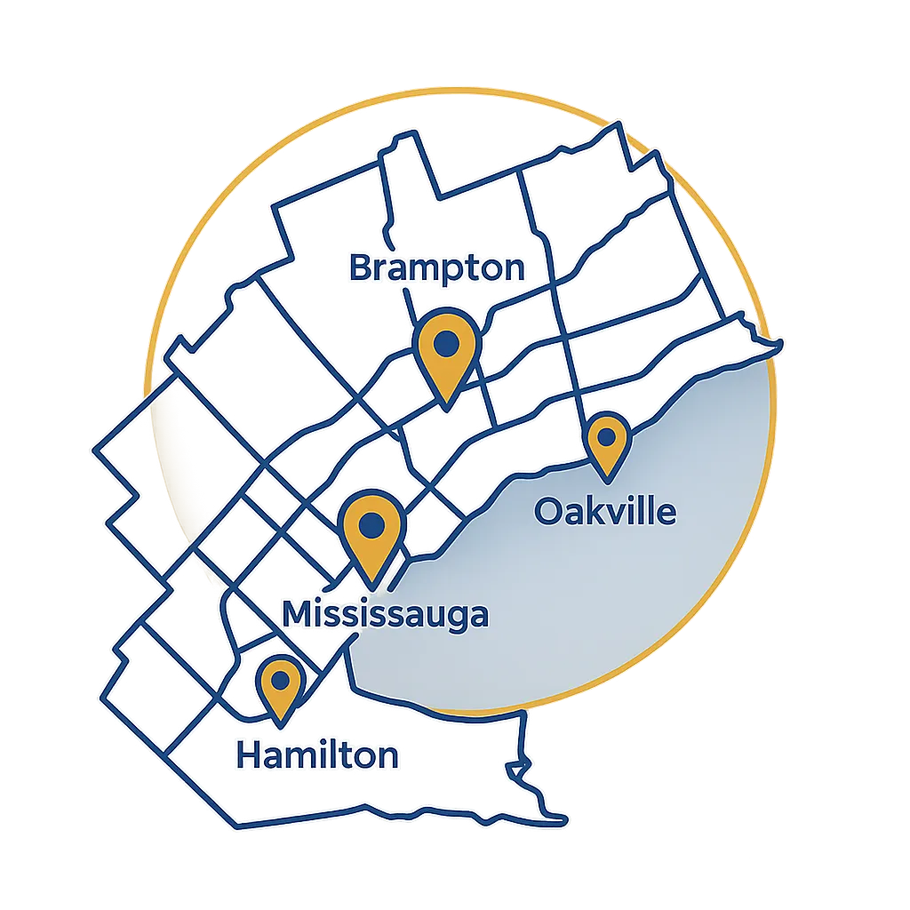 Stylized map of the Greater Toronto Area highlighting Mississauga, Brampton, Oakville, and Hamilton with a service radius.
