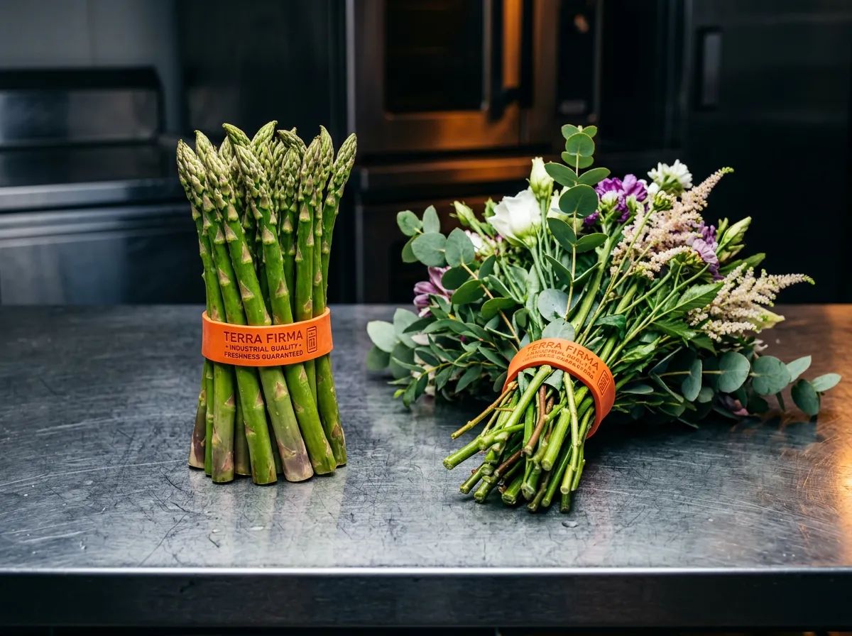 Commercial produce and floral rubber bands on bundled fresh harvest