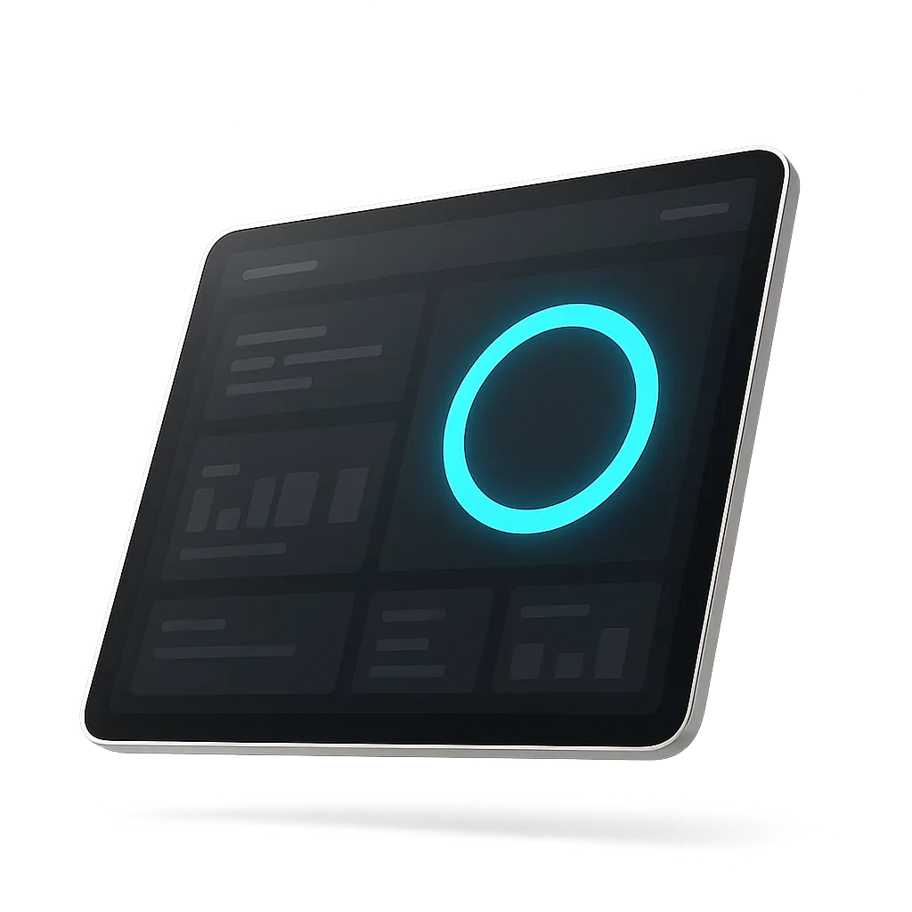 A sleek, minimalist digital dashboard tablet floating dynamically on an angle