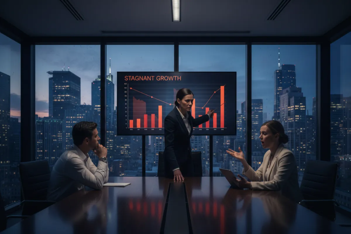 Enterprise executives looking concerned in a glass-walled office, reviewing stagnant growth charts on a digital screen, with a sense of urgency and determination in their expressions.