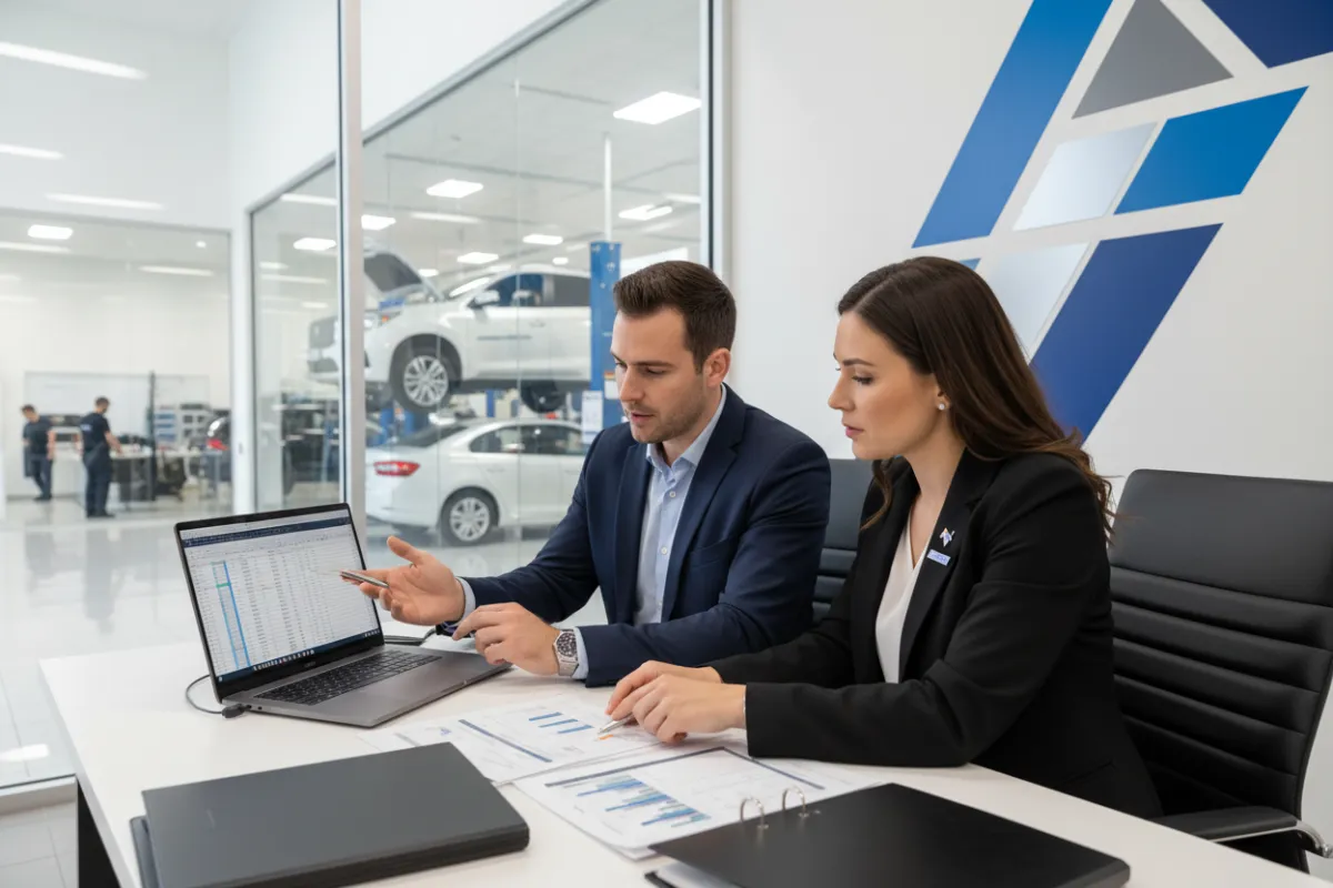A consultant reviewing service records with a dealership manager in a well-lit office. Laptops and printed reports are visible on the desk. The background features dealership branding and a window overlooking the service bay. Both are focused and engaged in discussion.