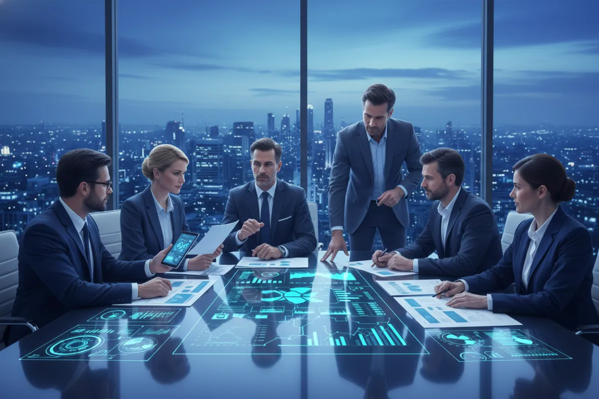 A dynamic digital illustration of a diverse group of enterprise executives in a modern boardroom, collaborating over strategic documents and digital dashboards, with cityscape views in the background. The scene conveys ambition, teamwork, and high-level decision-making, using a cool blue palette that matches the brand’s colors.