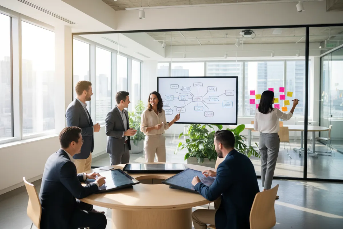 Consultant leading a workshop with enterprise leaders, using interactive digital tools and whiteboards, all participants engaged and collaborating in a bright, modern space.