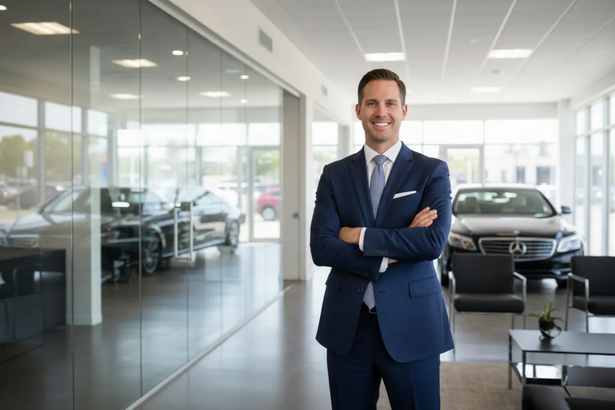 Professional portrait of Matthew, a confident consultant in a tailored navy suit, standing in a modern dealership office with glass walls and luxury cars in the background. He is smiling, arms crossed, exuding trust and expertise. The lighting is bright and natural, emphasizing a welcoming, professional atmosphere.