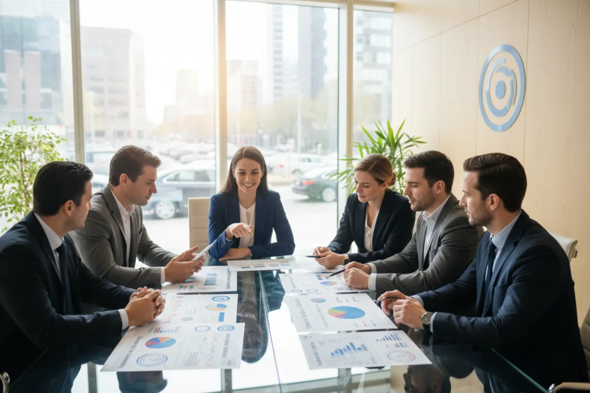 A diverse team of dealership managers and consultants gathered around a glass conference table, reviewing charts and digital dashboards. The setting is a bright, modern office with large windows and dealership branding. Everyone is engaged, collaborating on service profitability strategies.