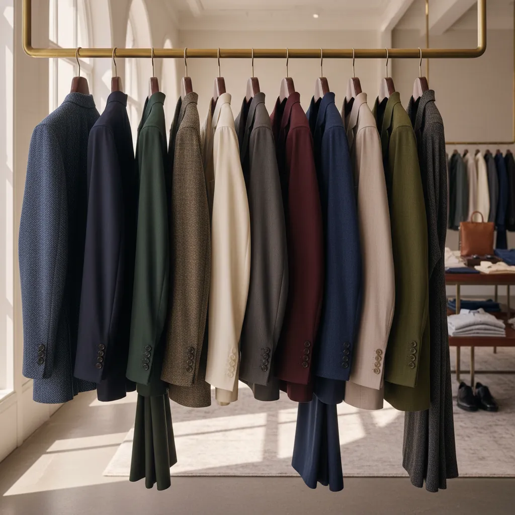 ملابس رجالية فاخرة معروضة على شماعات خشبية في متجر راقٍ، ألوان متنوعة وخامات عالية الجودة، إضاءة طبيعية تبرز التفاصيل الدقيقة، النمط فوتوغرافي واقعي، نسبة العرض إلى الارتفاع 1:1