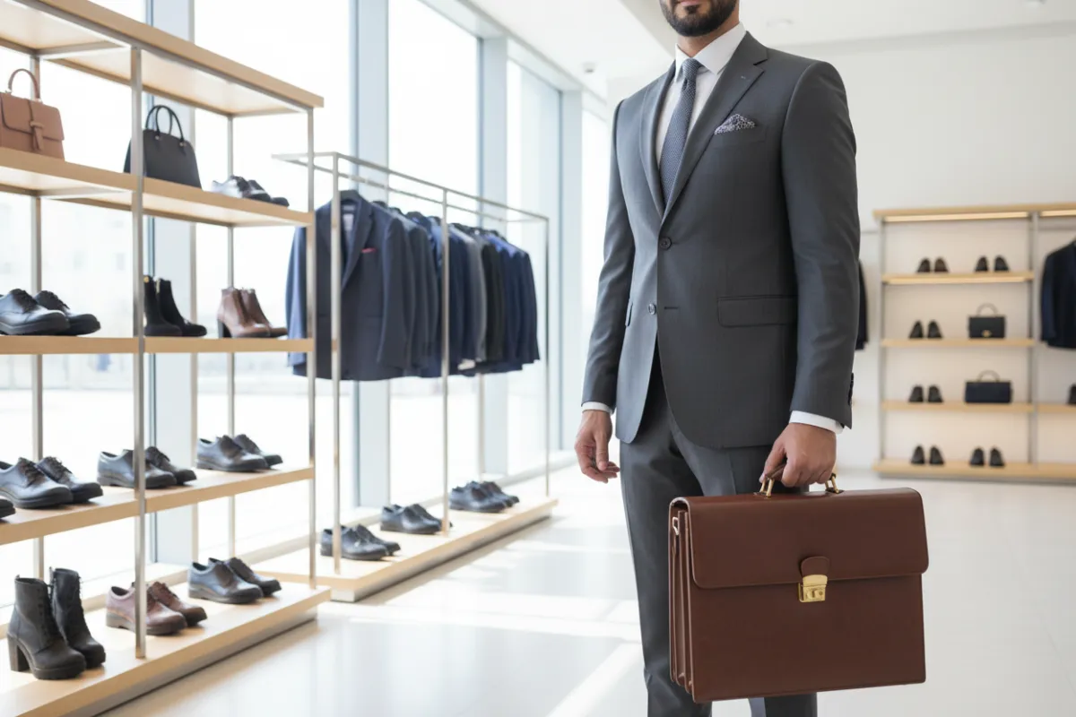 رجل أعمال عربي أنيق يحمل حقيبة جلدية فاخرة في صالة عرض حديثة