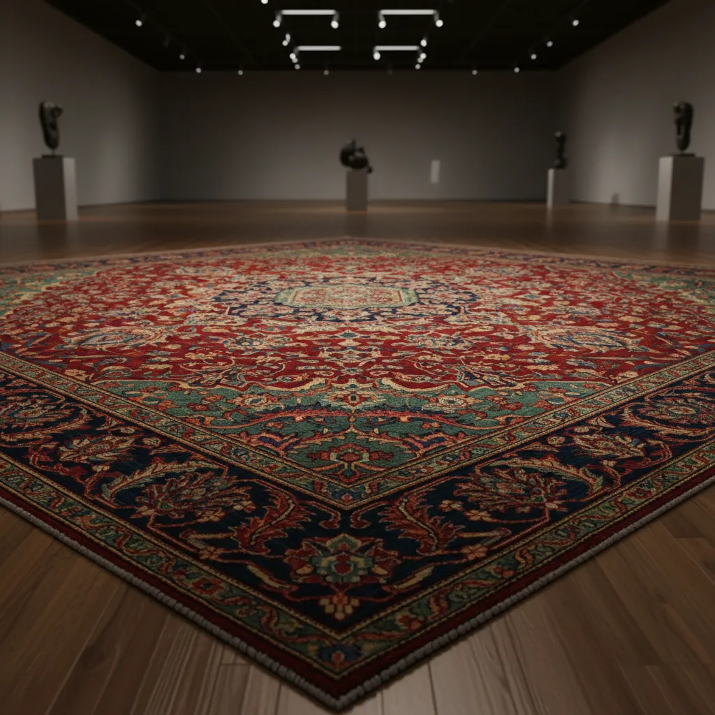 سجاد شرقي فاخر مفروش على أرضية خشبية في صالة عرض أنيقة، ألوان غنية ونقوش تقليدية، إضاءة دافئة تبرز التفاصيل، النمط فوتوغرافي واقعي، نسبة العرض إلى الارتفاع 1:1