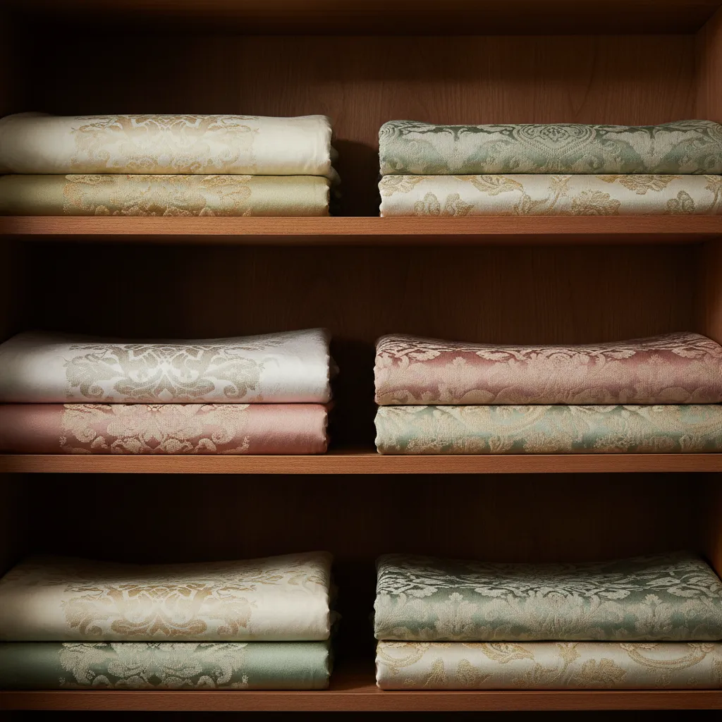 منسوجات قطنية وحريرية مطوية بعناية على رفوف خشبية، ألوان هادئة ونقوش فاخرة، إضاءة استوديو تبرز نعومة الأقمشة، النمط فوتوغرافي واقعي، نسبة العرض إلى الارتفاع 1:1