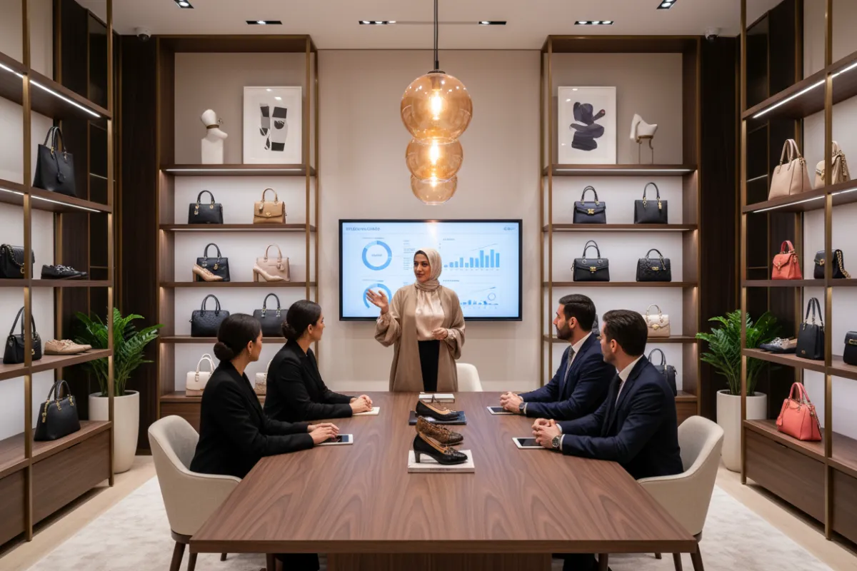 سيدة عربية تدير اجتماعًا مع فريق مبيعات في متجر فاخر
