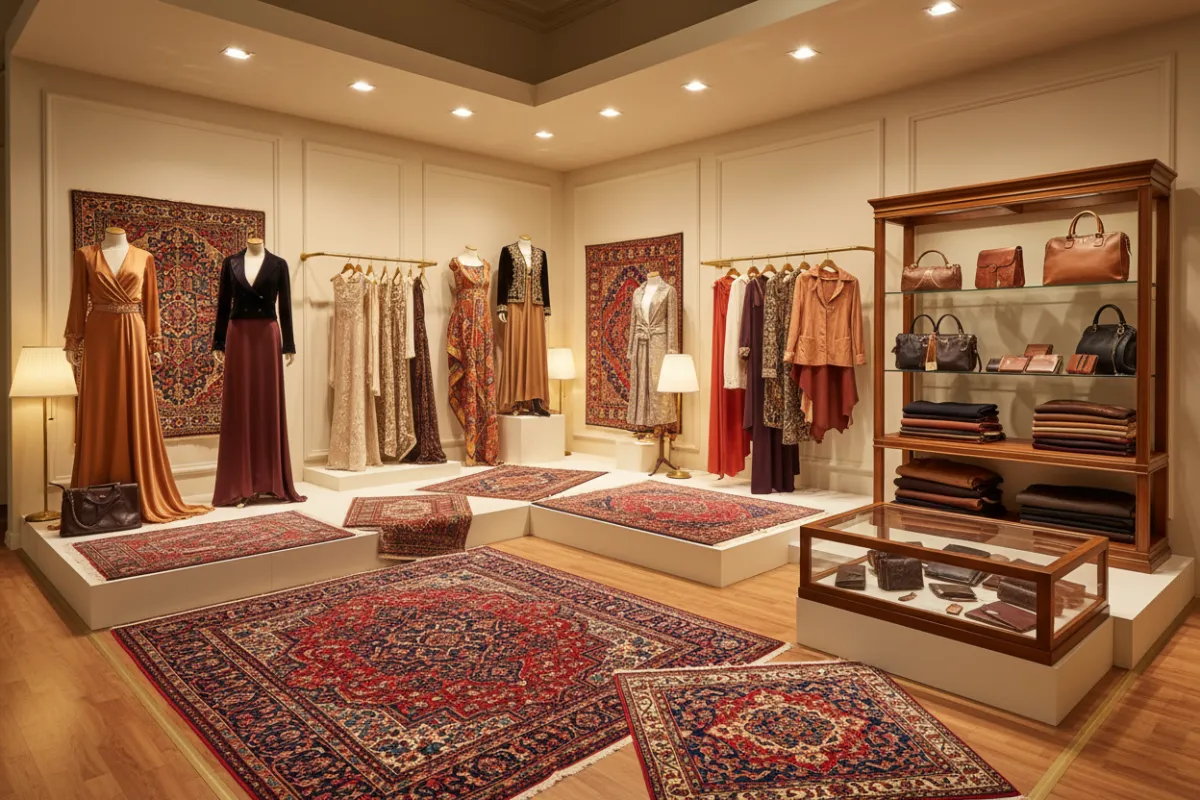صورة واقعية لمجموعة من الملابس الفاخرة والمنسوجات والسجاد والجلود معروضة بشكل أنيق في معرض تجاري مضاء بإضاءة دافئة، تعكس جودة المنتجات وتنوعها، مع خلفية محايدة تبرز التفاصيل الفاخرة لكل منتج، النمط فوتوغرافي واقعي، نسبة العرض إلى الارتفاع 3:2
