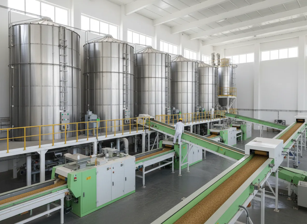 مصنع أعلاف متطور مع صوامع حبوب وخطوط إنتاج حديثة