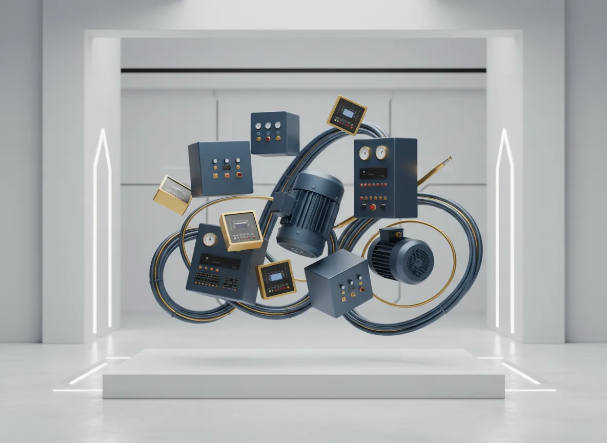 مجسم ثلاثي الأبعاد لمعدات كهربائية صناعية داخل مصنع حديث