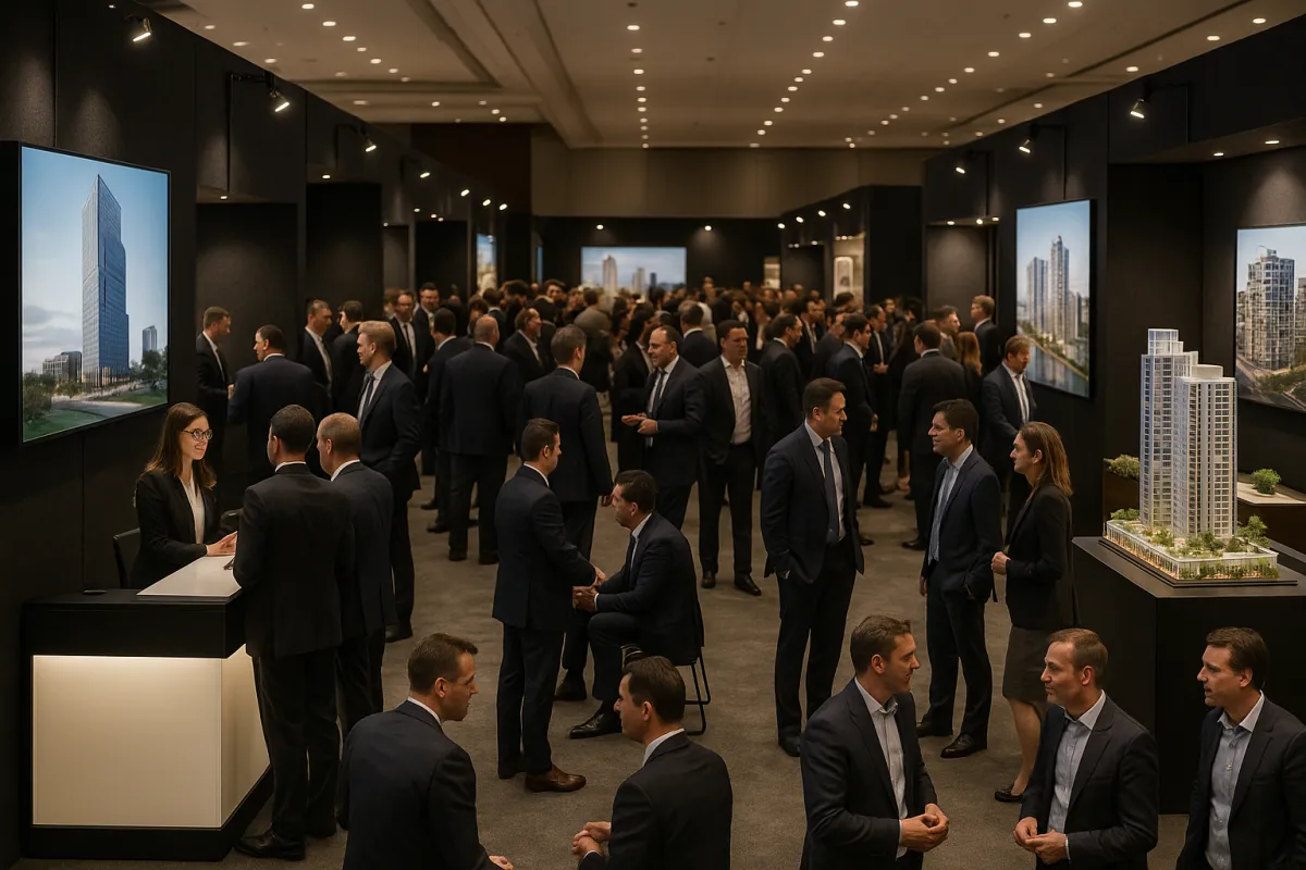 قاعة عرض فاخرة مكتظة بزوار مؤسسيين وأجنحة عرض منظمة مع إضاءة احترافية.