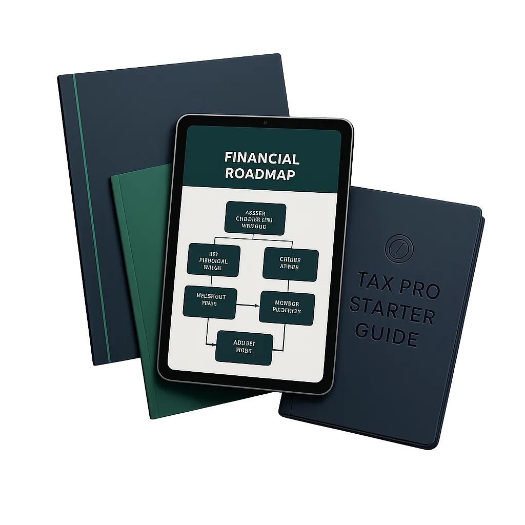 3D graphic mockup of the Tax Pro Starter Guide bundle