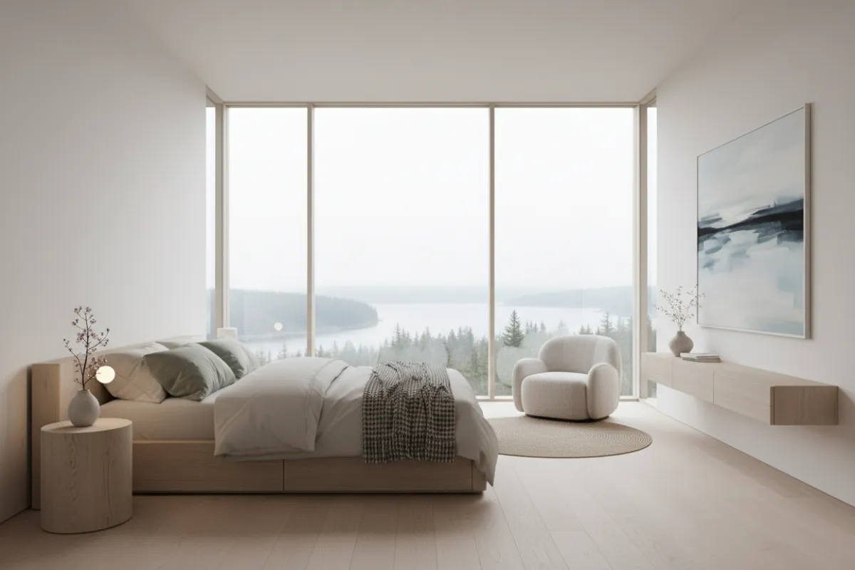 A serene master bedroom featuring floor-to-ceiling windows, soft textiles, and minimalist decor. The room exudes tranquility, offering a private retreat for relaxation and rest, with a calming palette and uncluttered design.