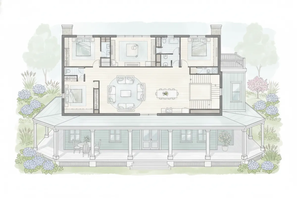 A two-story modern farmhouse floor plan illustration, featuring a wraparound porch, four bedrooms, and a large, airy living room. The design uses classic details and a light, inviting color palette, with a subtle garden background.