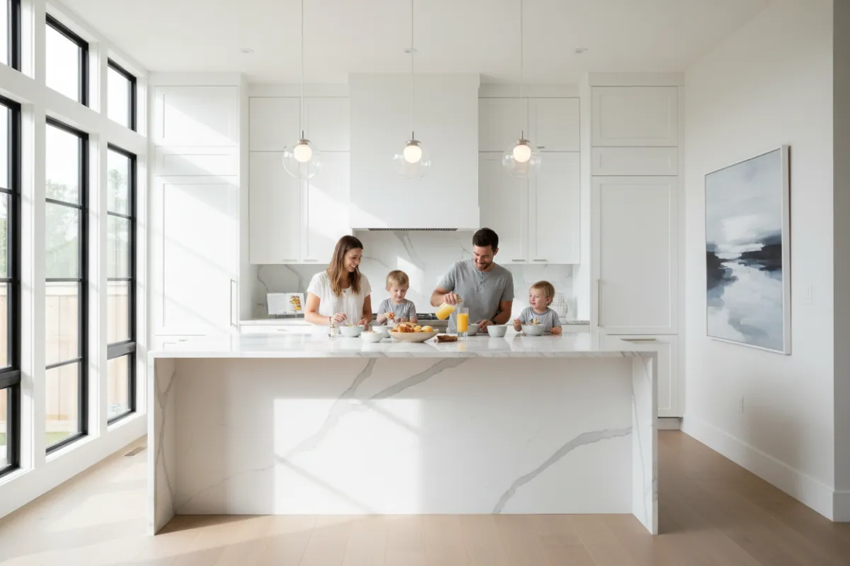 A sleek kitchen renovation with white cabinetry, marble countertops, and pendant lighting. A young family enjoys breakfast at a central island, with sunlight streaming through large windows, highlighting the clean, modern design.
