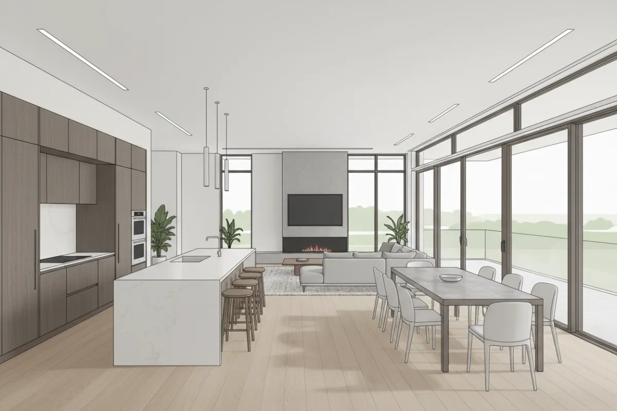 Open-concept single-story floor plan with spacious kitchen, living, and dining areas, modern finishes, and large windows, 3:2 aspect ratio