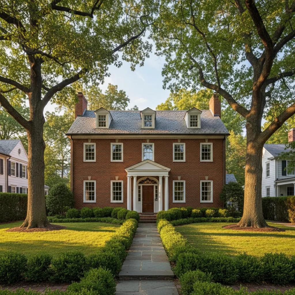 A traditional colonial home with a brick facade, symmetrical windows, and mature trees. The suburban neighborhood and classic elegance are captured in afternoon light, perfect for those who value timeless architecture.