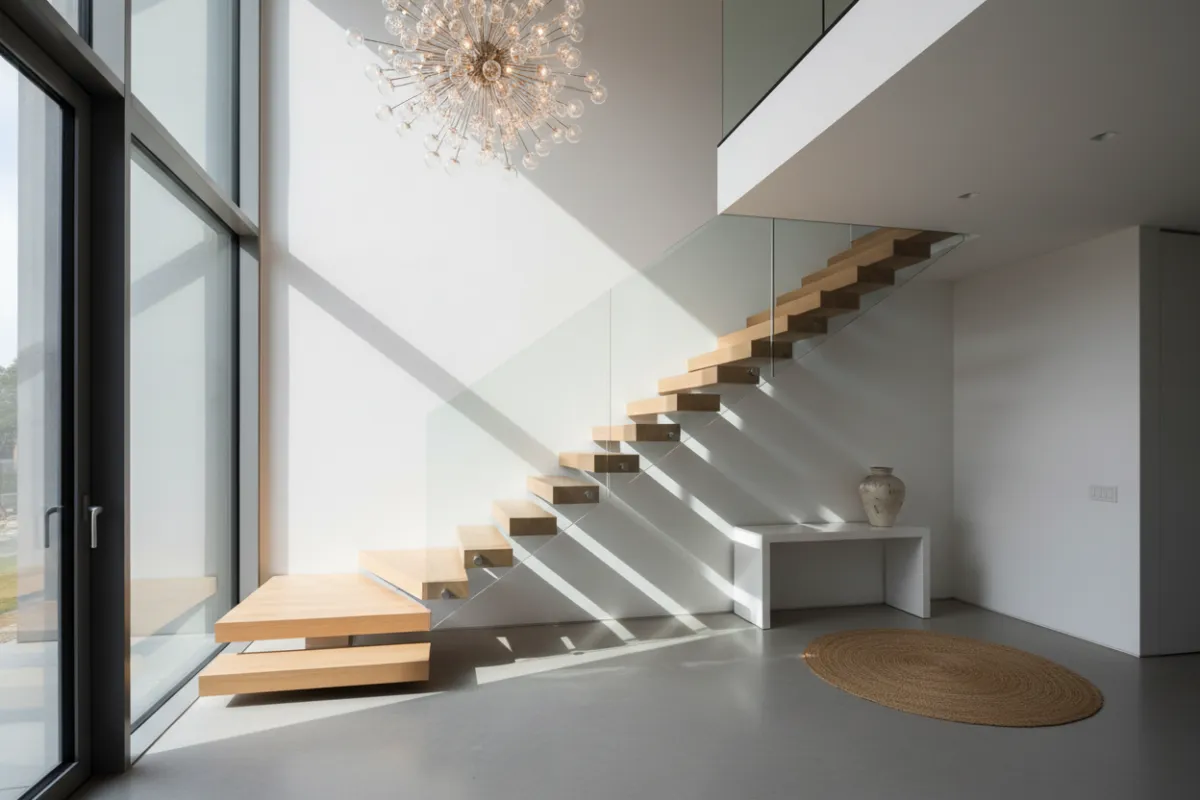 A modern staircase with glass railing, floating wood steps, and a dramatic chandelier. The entryway is filled with natural light and minimalist decor, emphasizing architectural detail.