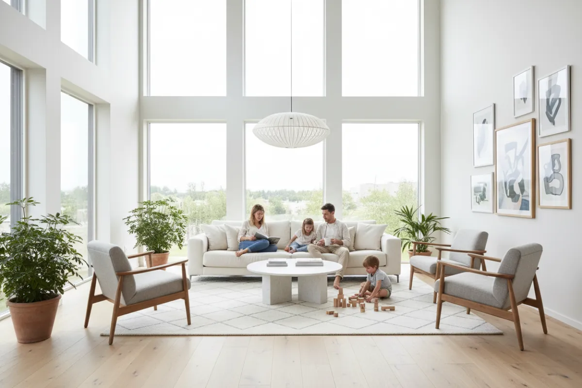 A spacious open-concept living room filled with natural light, featuring modern furniture, light wood floors, and a family relaxing together. The design is Scandinavian-inspired, with clean lines, neutral colors, and a welcoming, airy atmosphere.