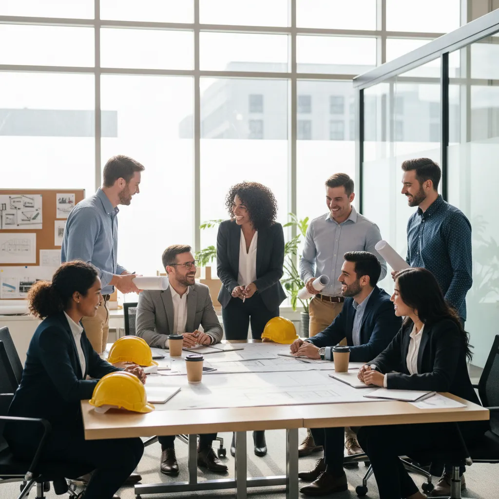 A bright, modern architectural drawing of a custom home, with a couple reviewing plans at a sunlit table, clean lines, and blue accents, evoking creativity and trust.