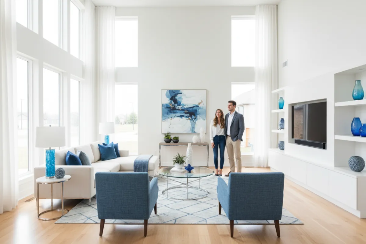 Bright, modern living room with open layout, natural light, and contemporary furnishings. A couple stands admiring the transformation, hardwood floors and blue accents visible. Clean, inviting, and stylish.