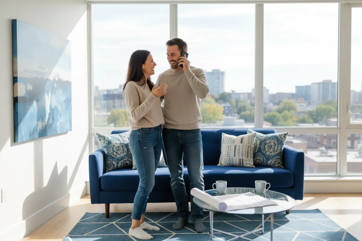 A smiling couple in casual attire speaking on the phone with a construction expert, standing in a bright, modern living room with blue accents and natural light.