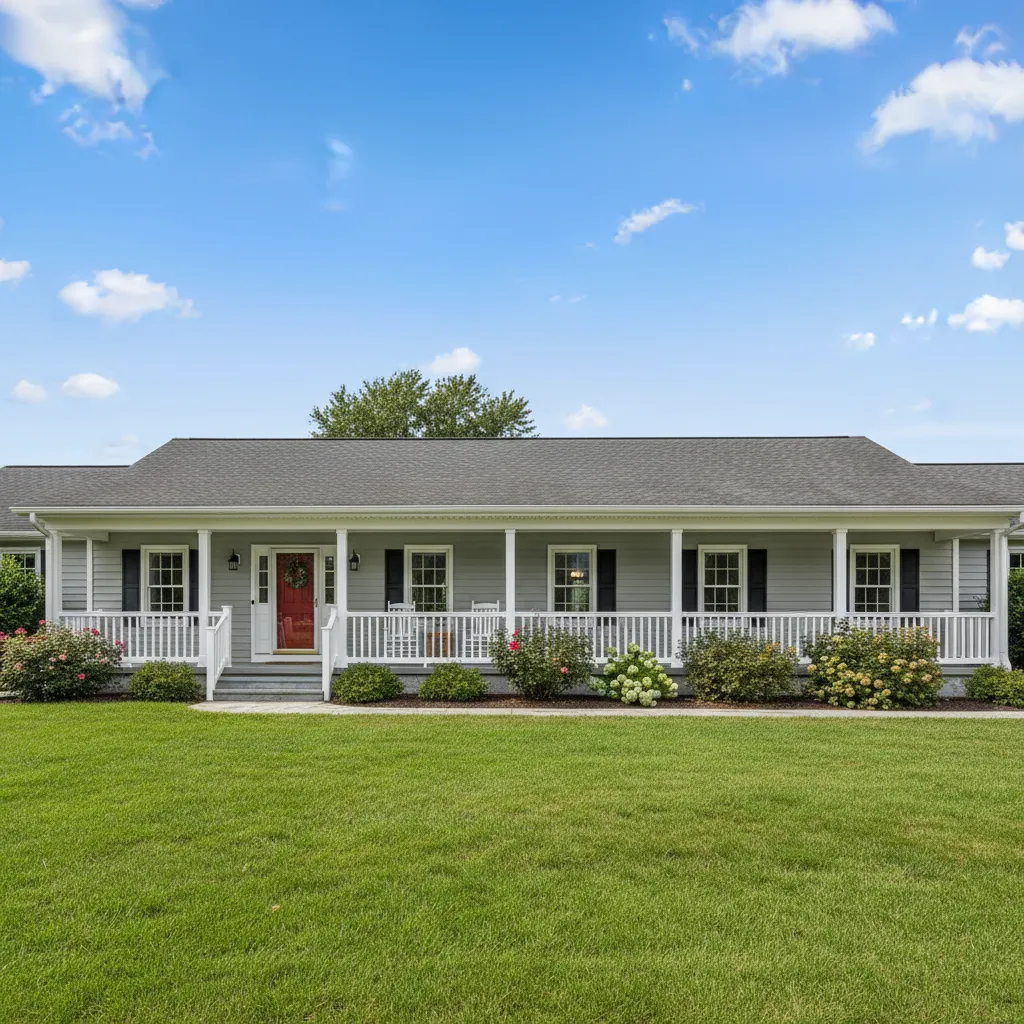 A single-story ranch home with a wide front porch, manicured lawn, and classic American design. The daylight scene features blue sky and inviting curb appeal, ideal for those seeking accessible, open layouts.