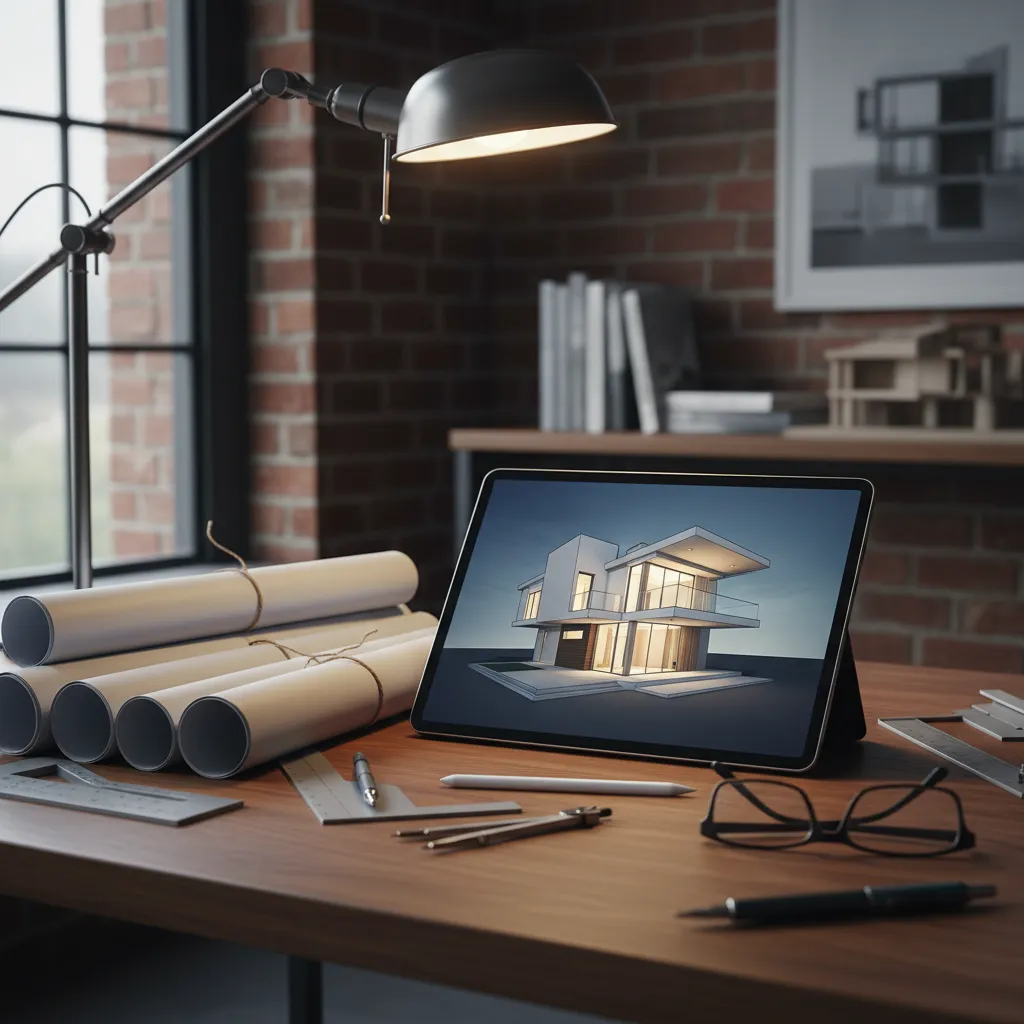 An architect’s desk features rolled blueprints, a digital tablet displaying a 3D home model, and a pair of glasses. The professional, organized, and creative environment highlights the expertise behind each plan.
